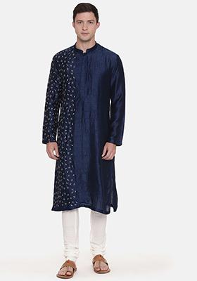 Dark Blue Embroidered Silk Kurta Set For Men