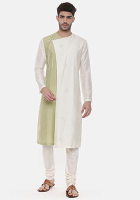 Ivory And Green Wrap Around Kurta Set For Men