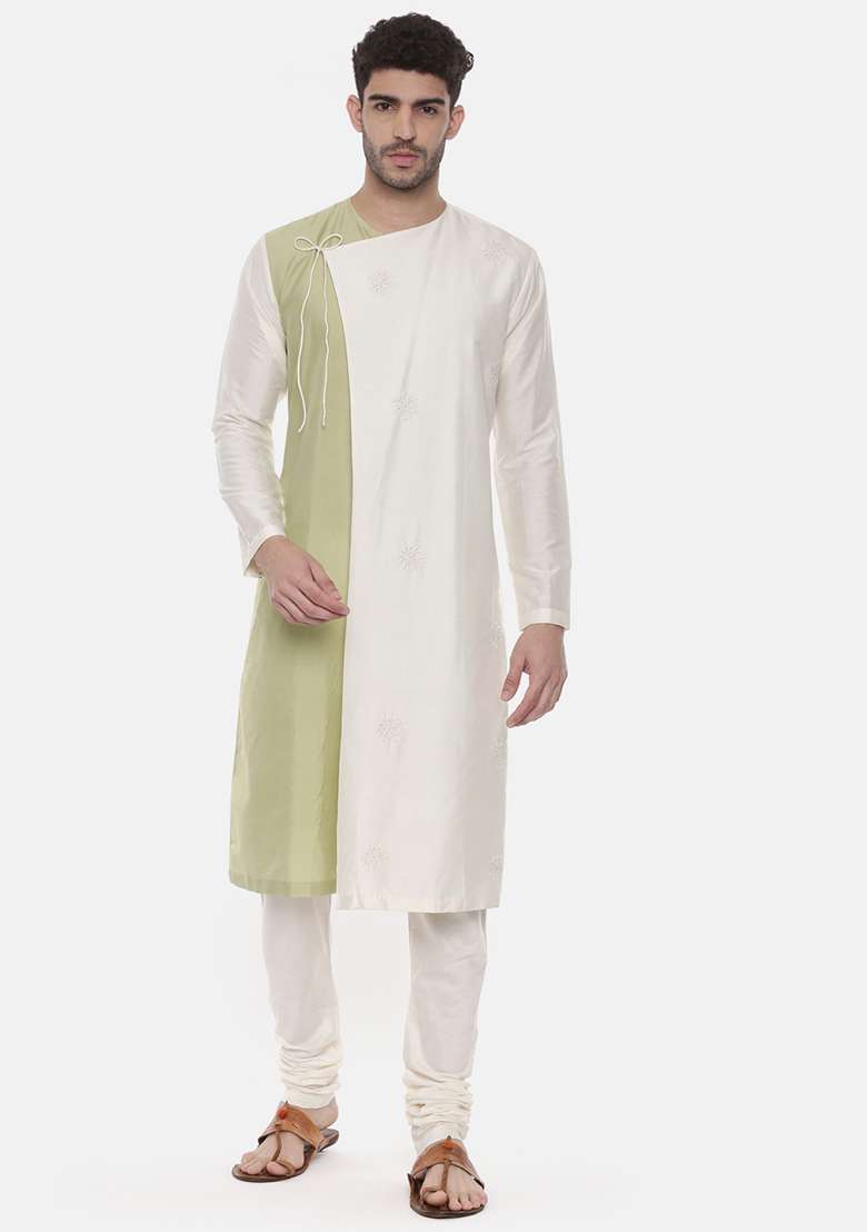 Ivory And Green Wrap Around Kurta Set For Men - Indya