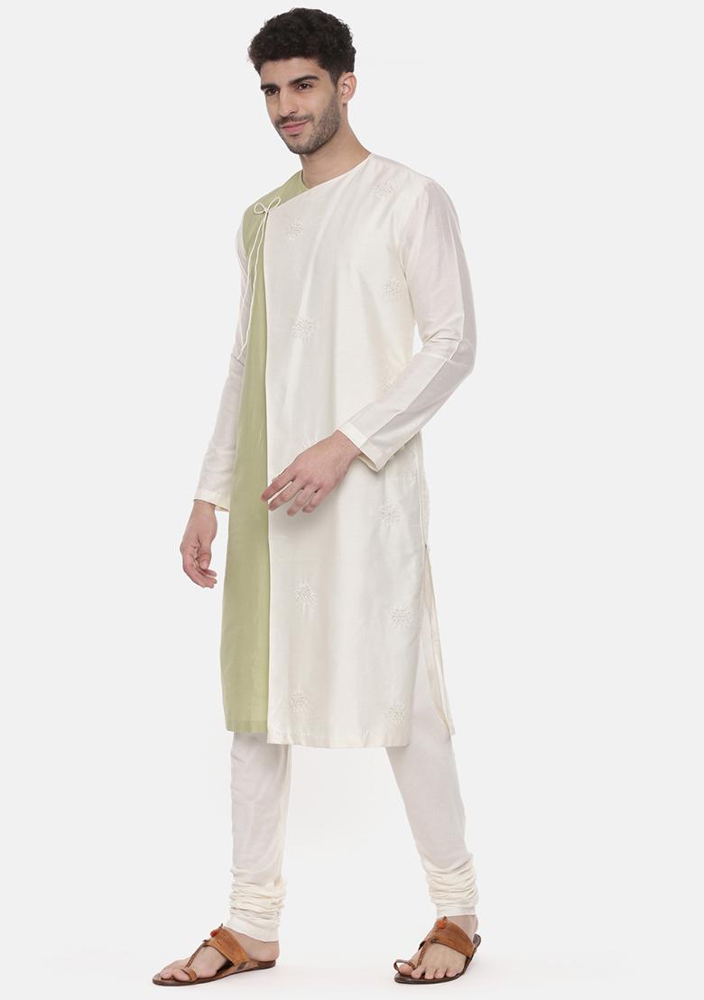 Ivory And Green Wrap Around Kurta Set For Men