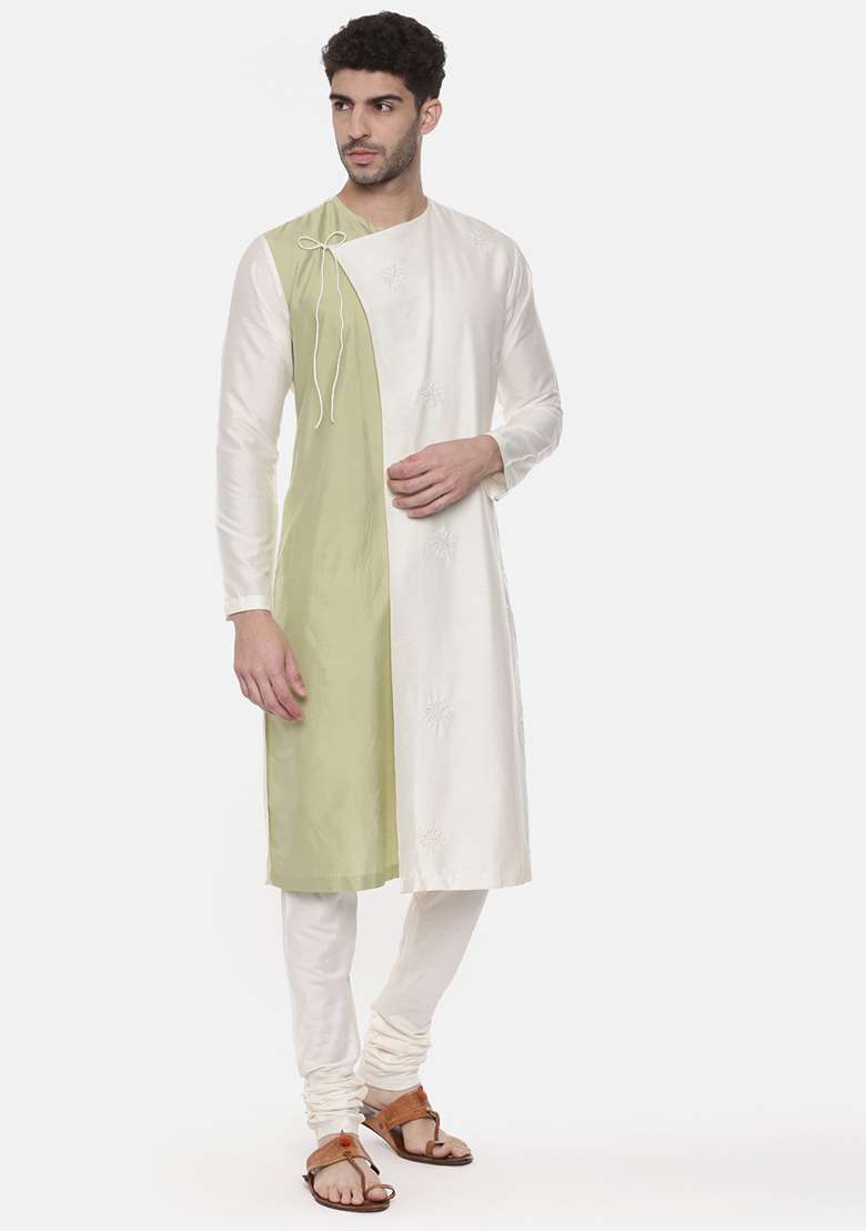 Ivory And Green Wrap Around Kurta Set For Men - Indya