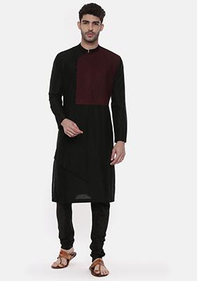 Black And Red Cut Away Kurta Set For Men