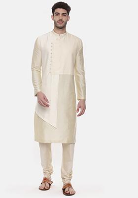 Beige And Ivory Cut Away Kurta Set For Men