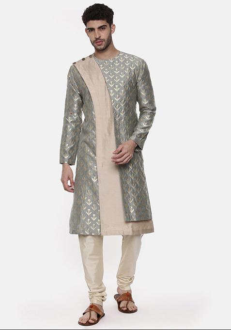 Green And Beige Brocade Banarasi Silk Kurta Set For Men