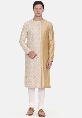 Gold And Beige Embroidered Chanderi Silk Kurta Set For Men