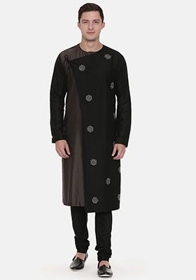 Black And Grey Tie Up Kurta Set For Men