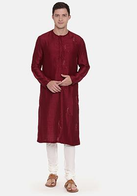 Wine Slub Silk Kurta Set For Men