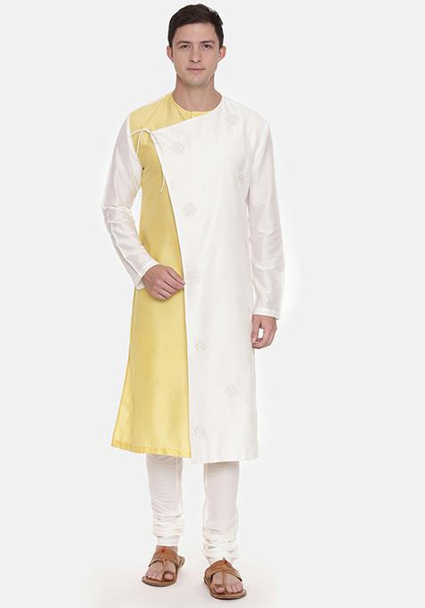 Yellow And Ivory Tie Up Kurta Set For Men