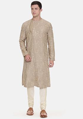 Beige Floral Embroidered Chanderi Kurta Set For Men