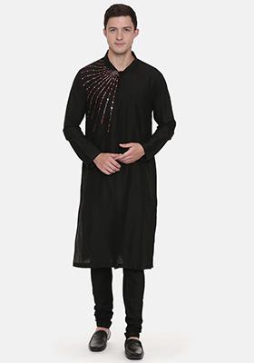 Black Embroidered Silk Kurta Set For Men