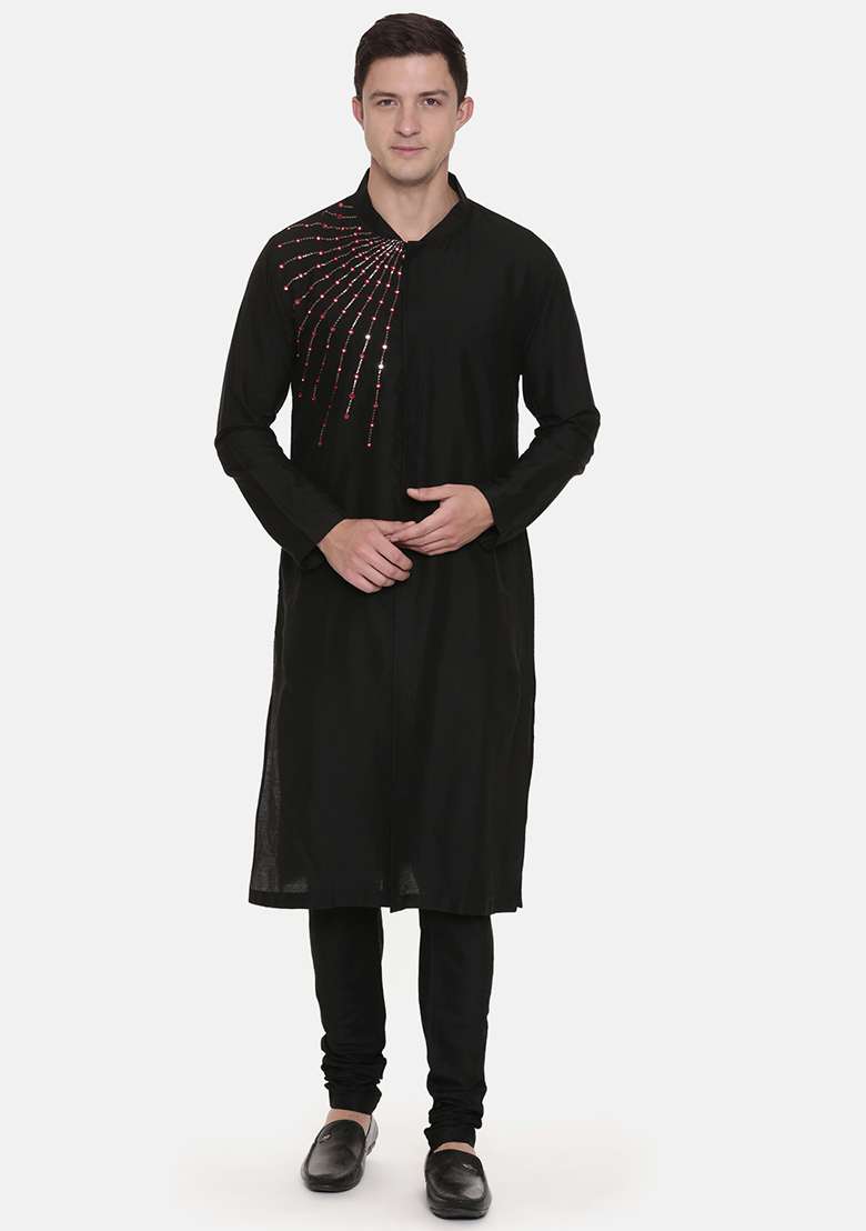 Black Embroidered Silk Blend Kurta Set For Men - Indya