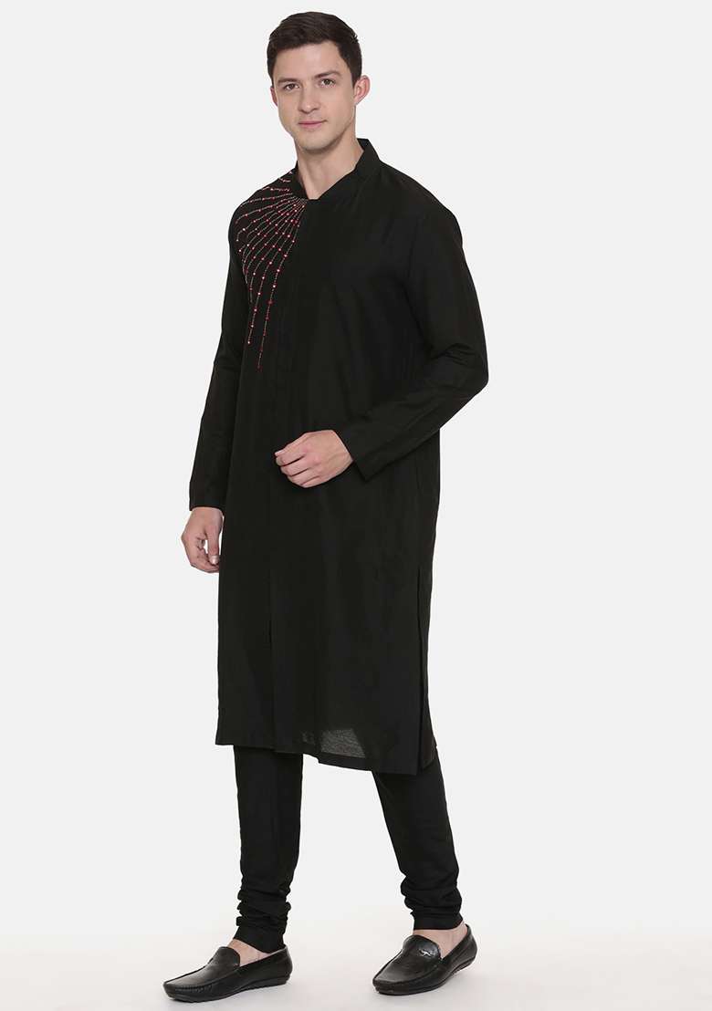 Black Embroidered Silk Blend Kurta Set For Men - Indya