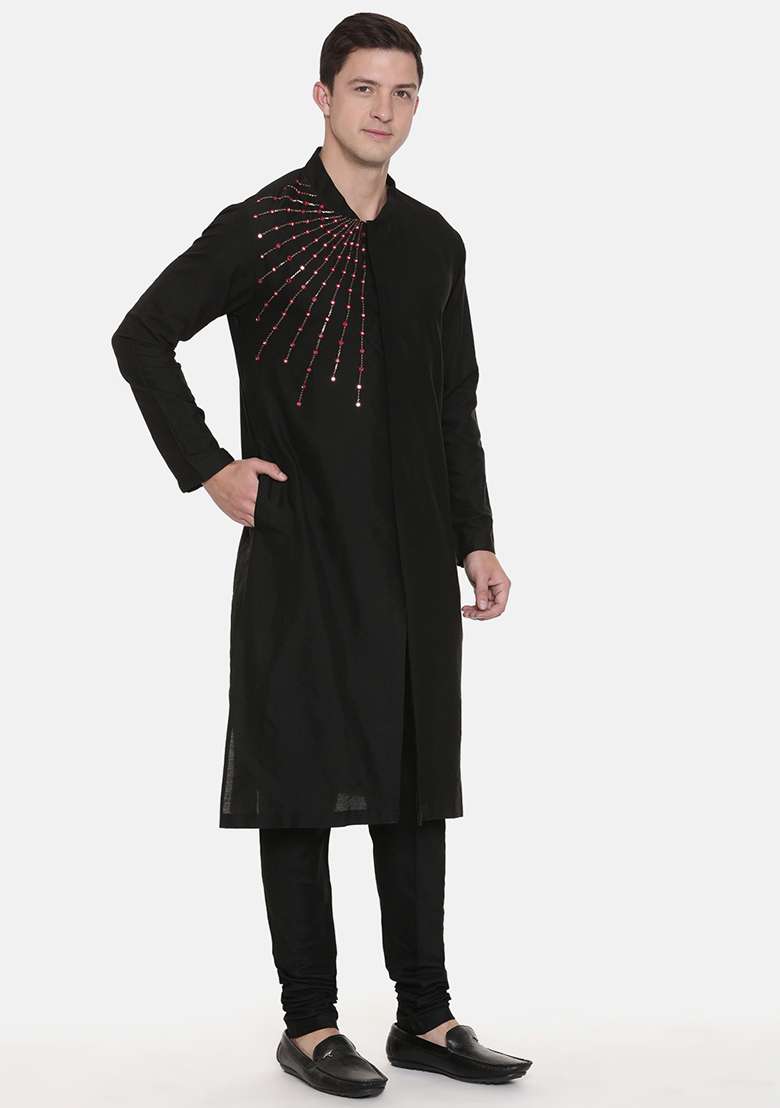 Black Embroidered Silk Blend Kurta Set For Men - Indya