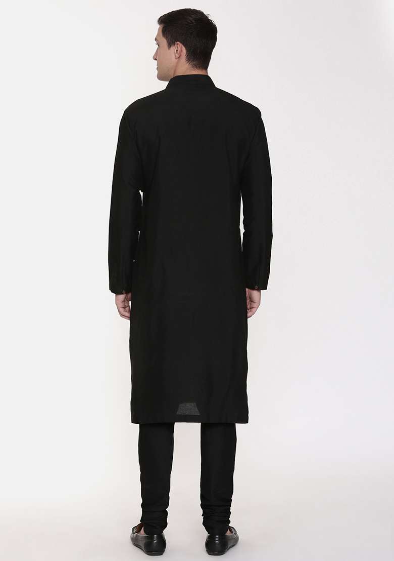 Black Embroidered Silk Blend Kurta Set For Men - Indya