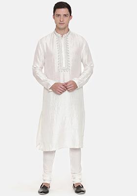 Ivory Embroidered Silk Kurta Set For Men