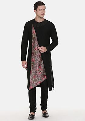 Black Chanderi Printed Kurta Set For Men