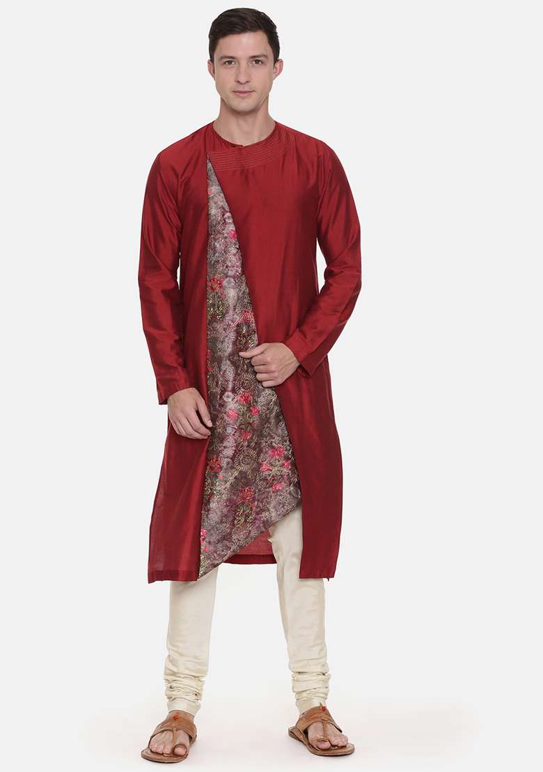 Maroon Chanderi Printed Kurta Set For Men - Indya