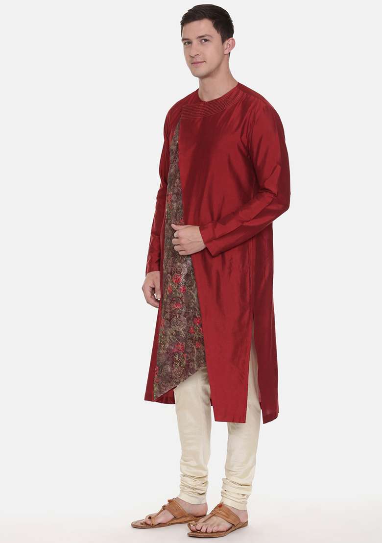 Maroon Chanderi Printed Kurta Set For Men - Indya