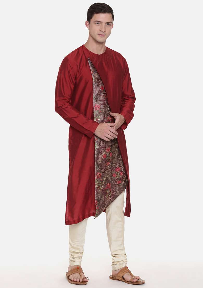 Maroon Chanderi Printed Kurta Set For Men - Indya