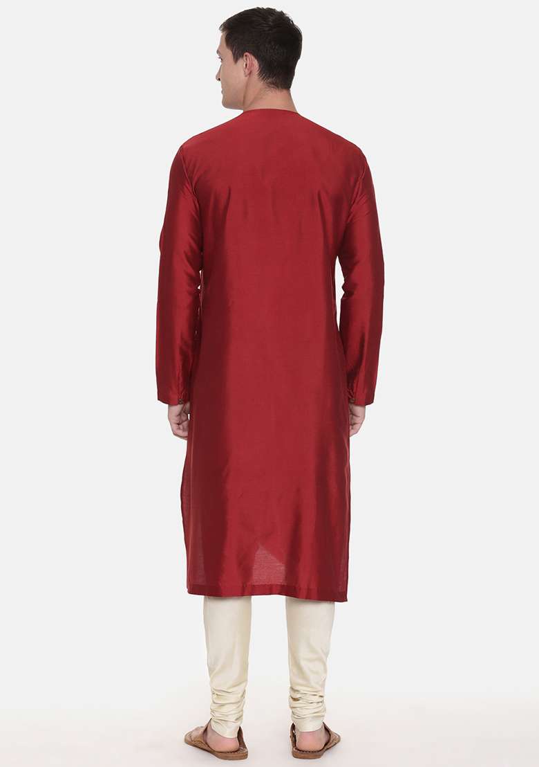 Maroon Chanderi Printed Kurta Set For Men - Indya