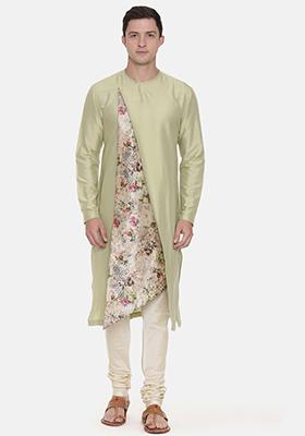 Pista Green Chanderi Printed Kurta Set For Men