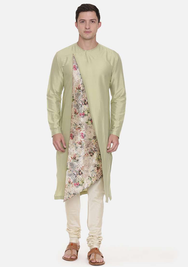 Pista Green Chanderi Printed Kurta Set For Men - Indya