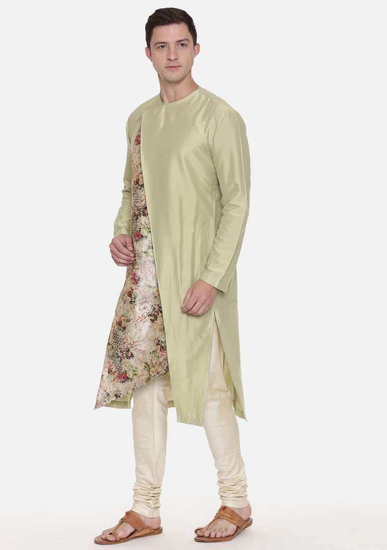 Pista Green Chanderi Printed Kurta Set For Men - Indya