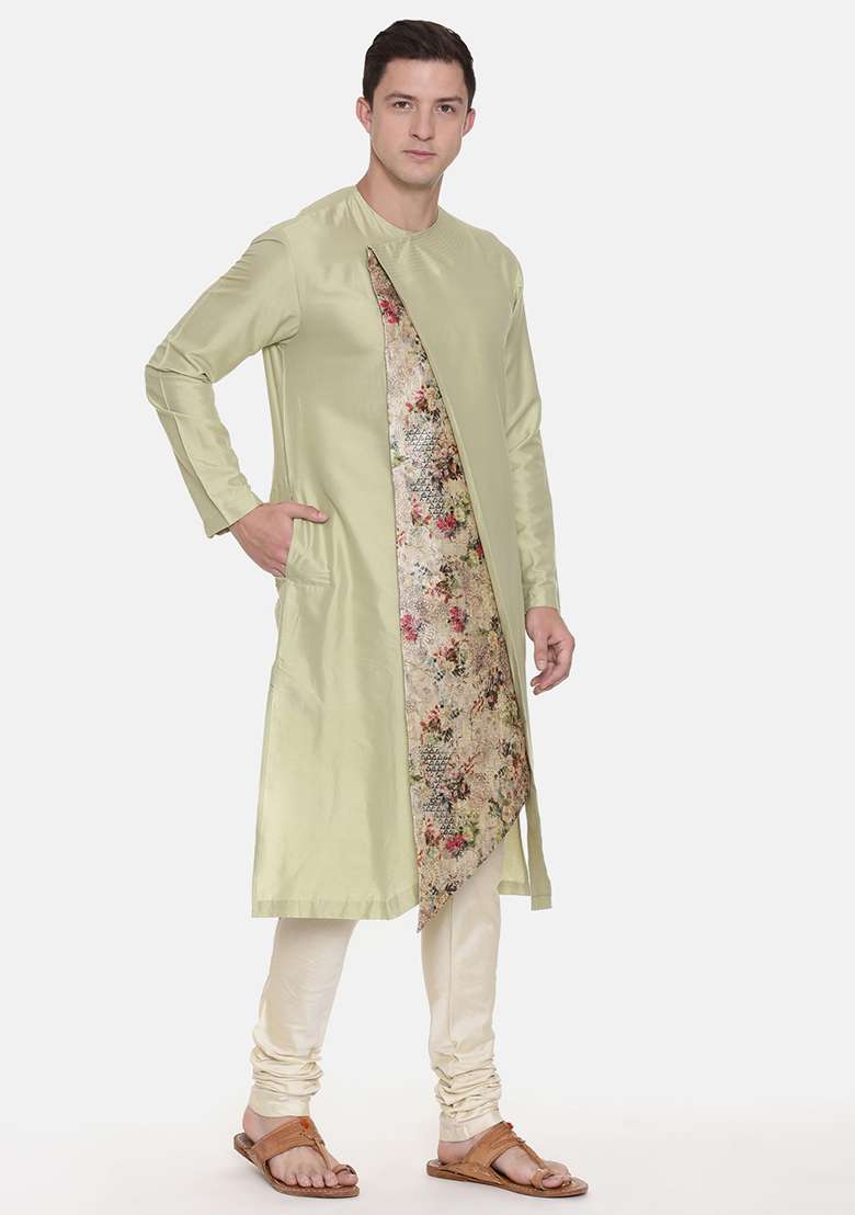 Pista Green Chanderi Printed Kurta Set For Men - Indya