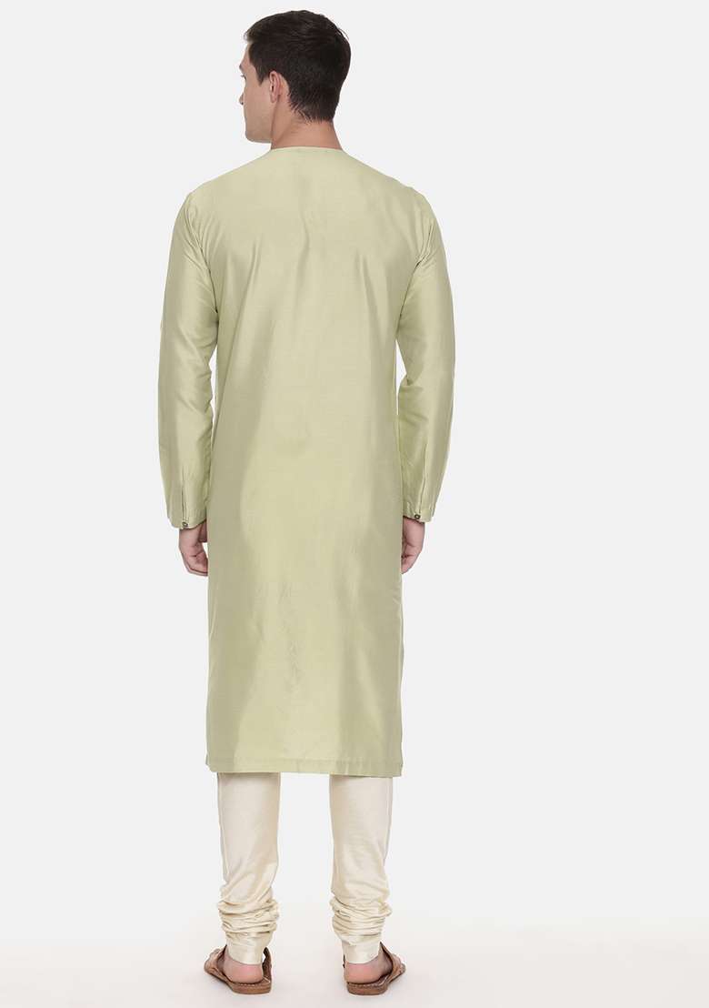 Pista Green Chanderi Printed Kurta Set For Men - Indya