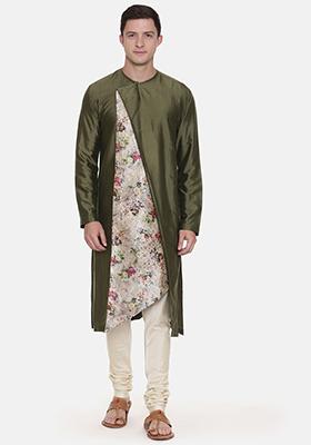 Mehndi Green Chanderi Printed Kurta Set For Men