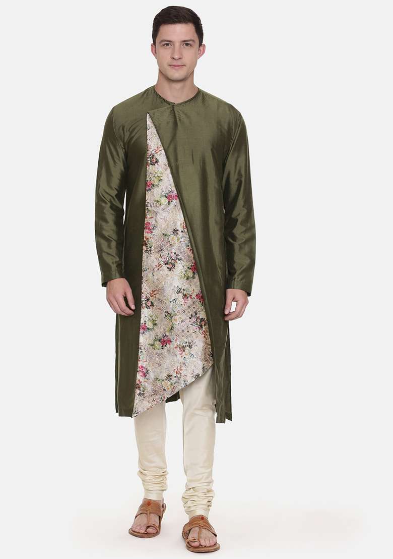 Mehndi Green Chanderi Printed Kurta Set For Men - Indya