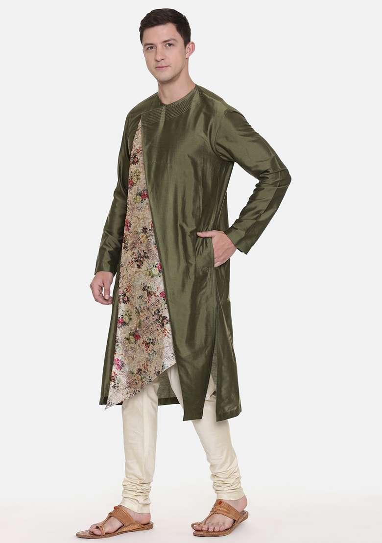Mehndi Green Chanderi Printed Kurta Set For Men - Indya