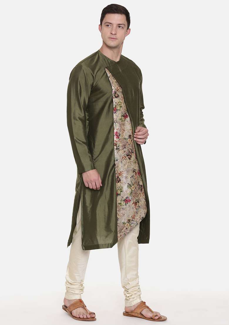 Mehndi Green Chanderi Printed Kurta Set For Men - Indya