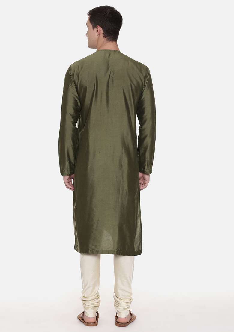 Mehndi Green Chanderi Printed Kurta Set For Men - Indya