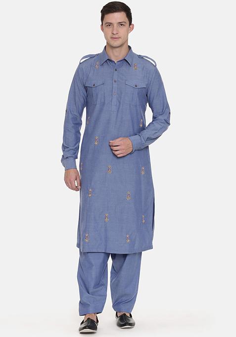 Blue Cotton Pathani Kurta Set For Men