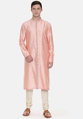 Light Pink Embroidered Silk Kurta Set For Men