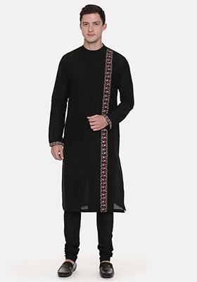 Black Thread Embroidered Silk Kurta Set For Men