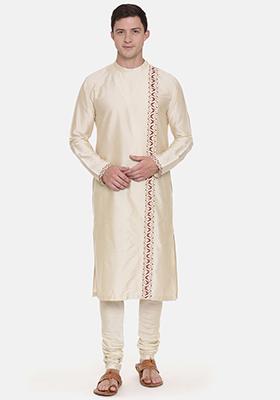 Beige Thread Embroidered Silk Kurta Set For Men