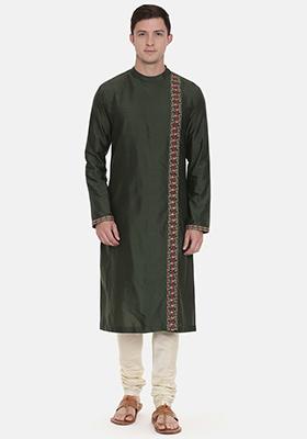 Green Thread Embroidered Silk Kurta Set For Men