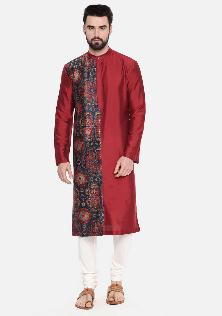 Red Printed Silk Blend Kurta Set For Men - Indya