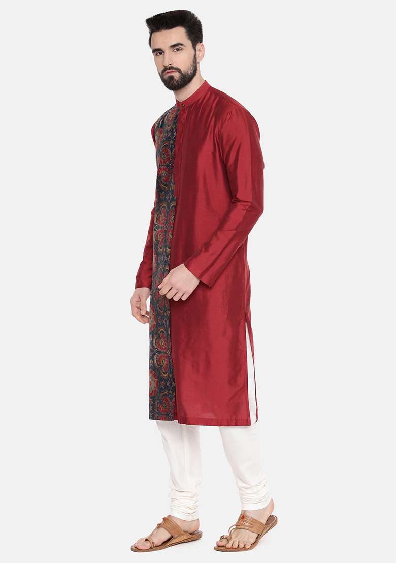Red Printed Silk Blend Kurta Set For Men - Indya