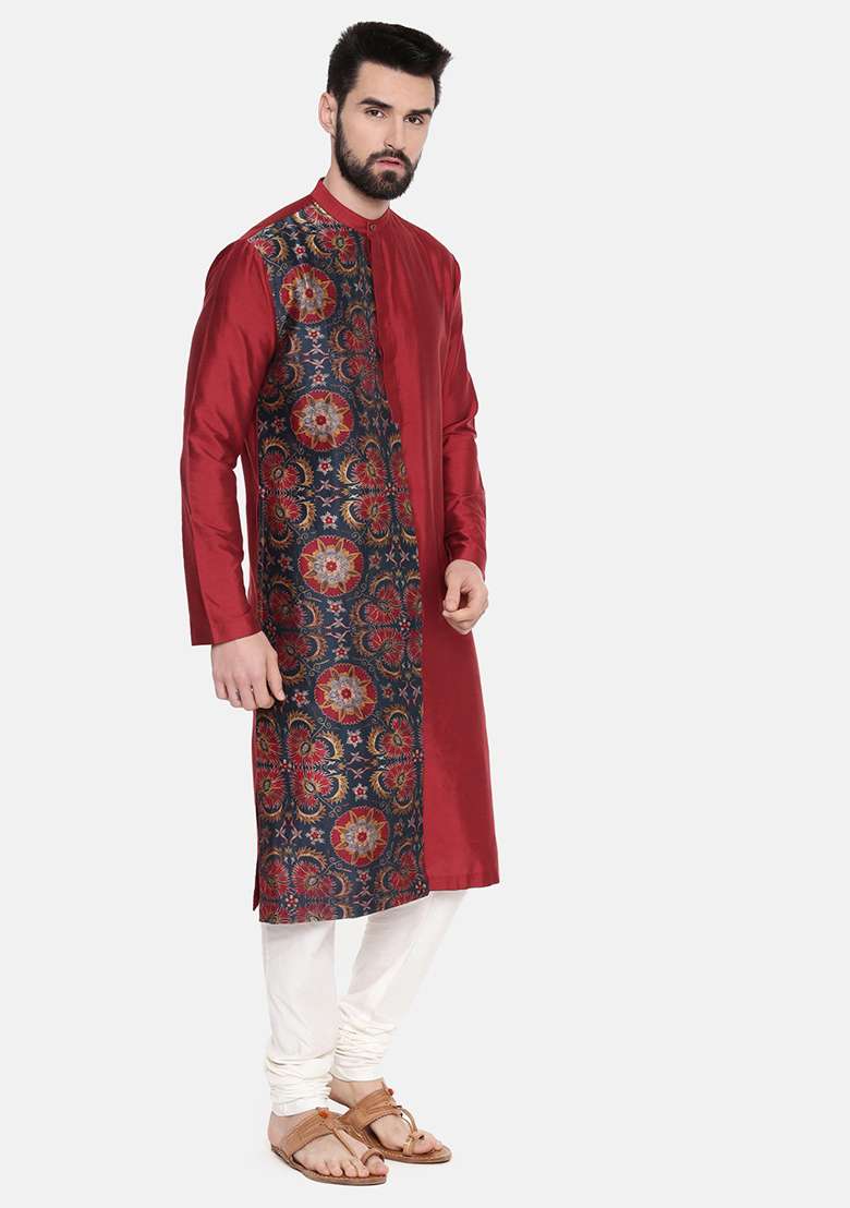 Red Printed Silk Blend Kurta Set For Men - Indya