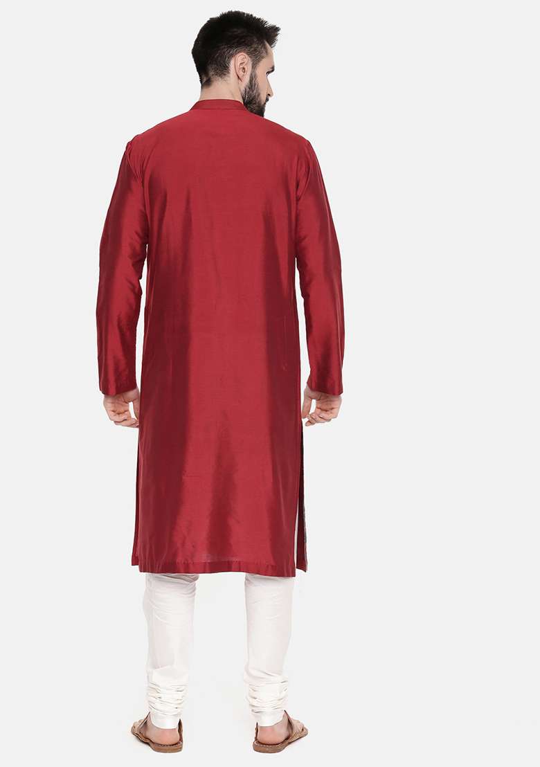 Red Printed Silk Blend Kurta Set For Men - Indya