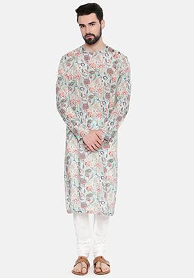 Green Floral Print Muslin Kurta Set For Men