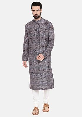 Blue Printed Linen Kurta Set For Men