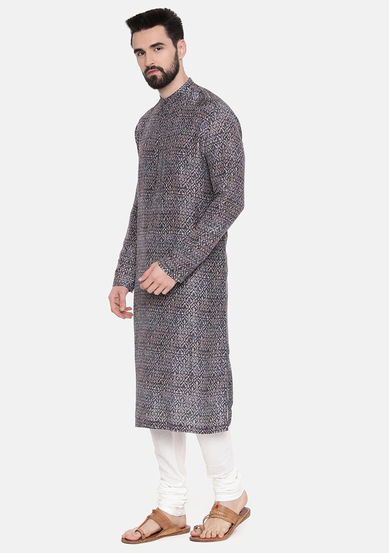 Blue Printed Linen Kurta Set For Men - Indya
