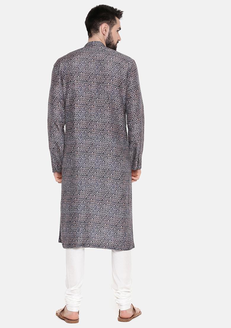 Blue Printed Linen Kurta Set For Men - Indya