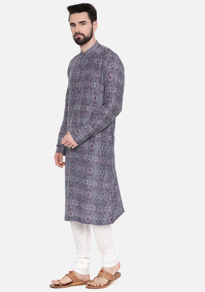 Blue And Red Printed Linen Kurta Set For Men - Indya