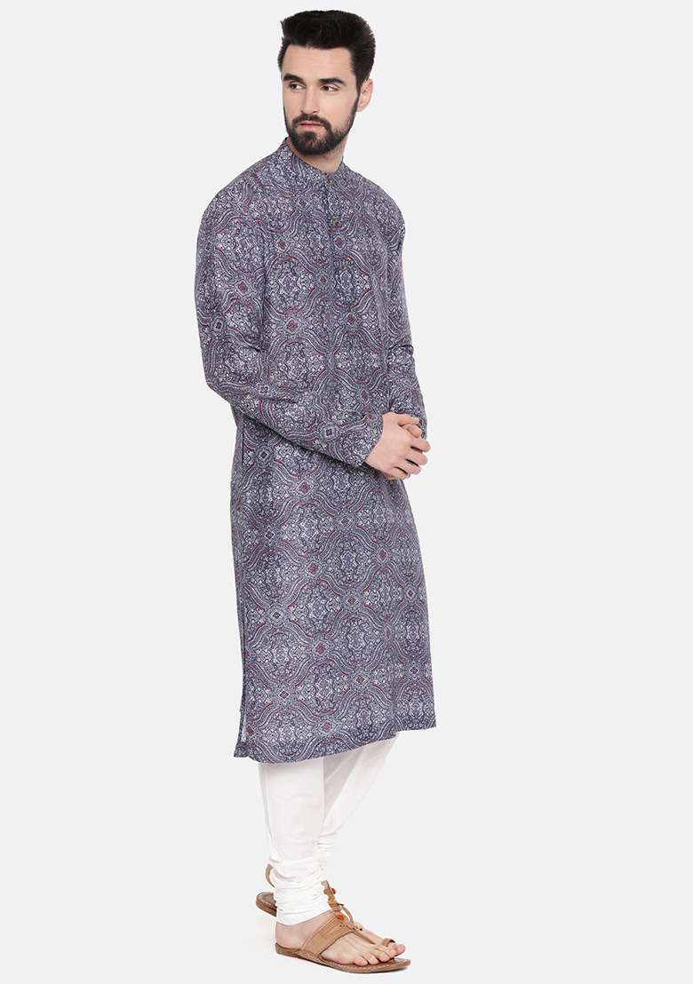 Blue And Red Printed Linen Kurta Set For Men - Indya