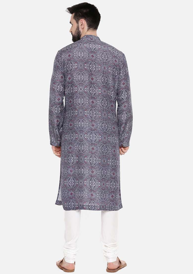 Blue And Red Printed Linen Kurta Set For Men - Indya